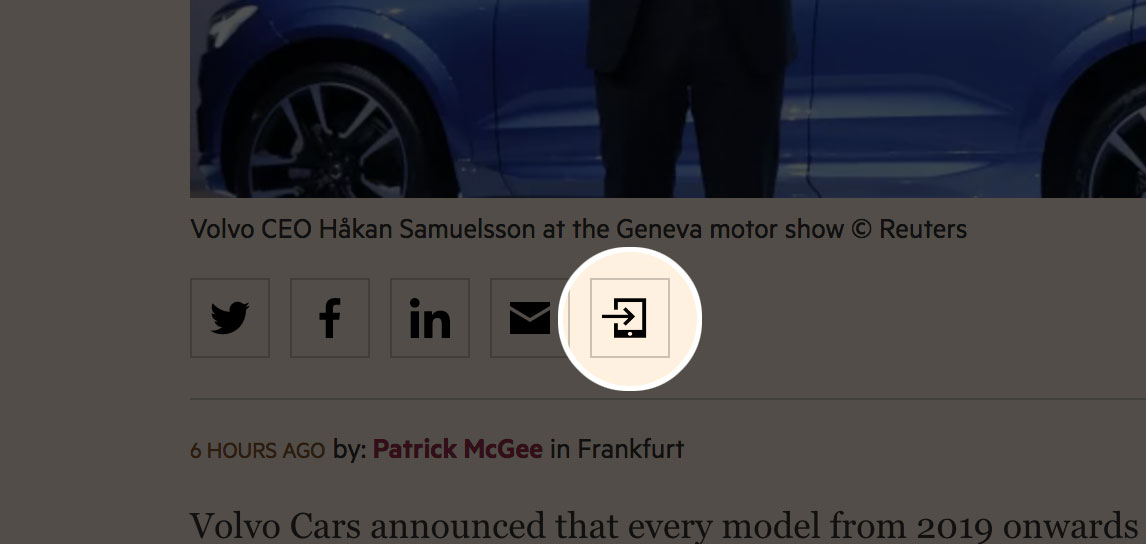 A screenshot of the newly displayed 'share to device' button on an FT.com article